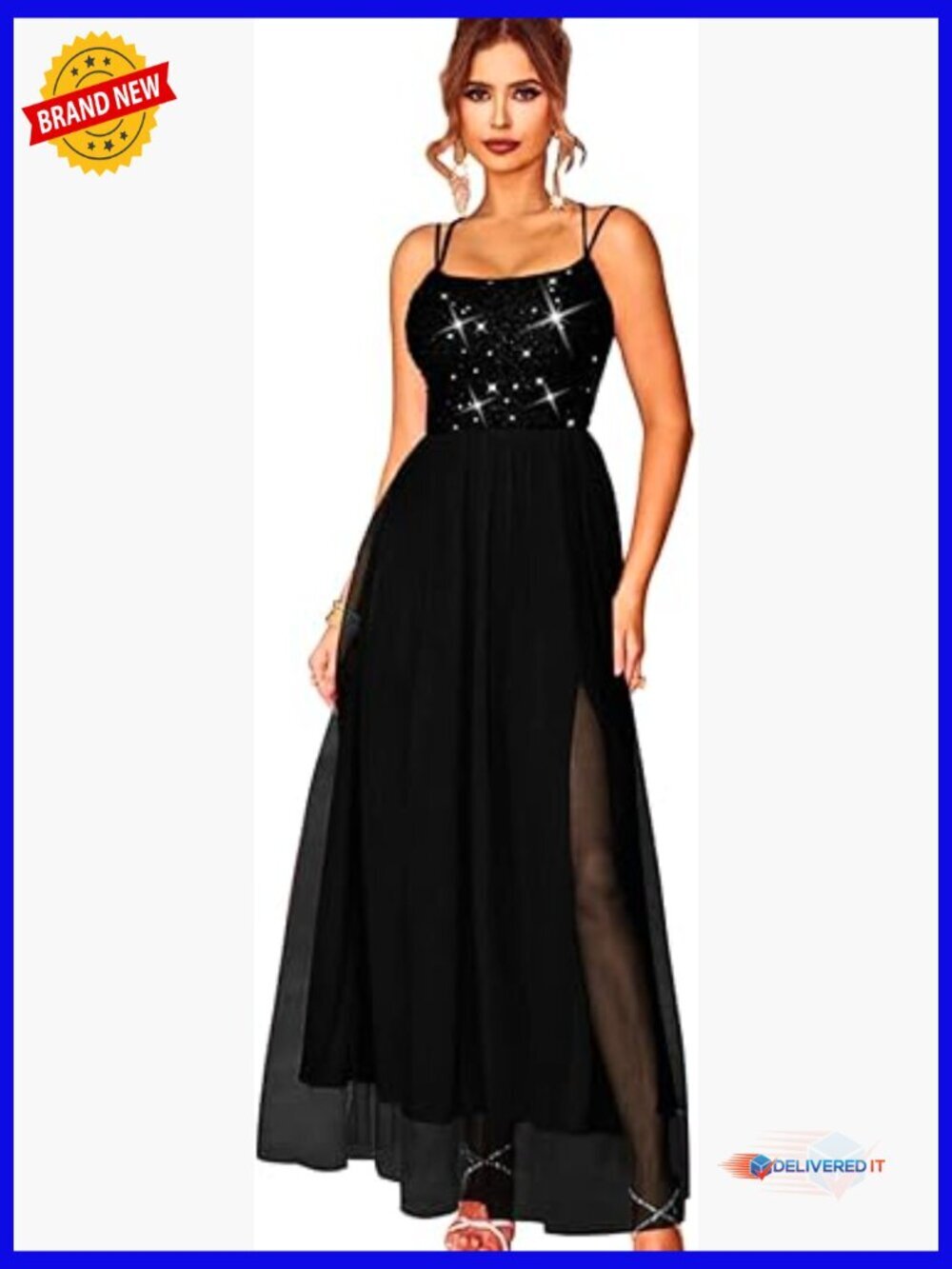 Sequin Backless Long Tulle Prom Dress with Slit, Flowy A-Line Corset